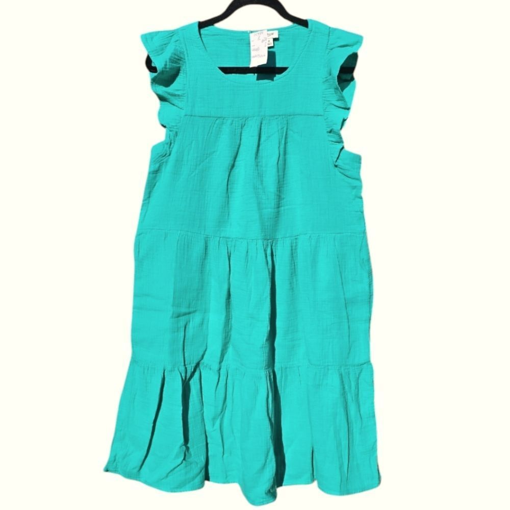 J. Crew Factory NWT Aqua Green Pockets Ruffle Shift Mini Gauze Dress Size 6 - Picture 2 of 8